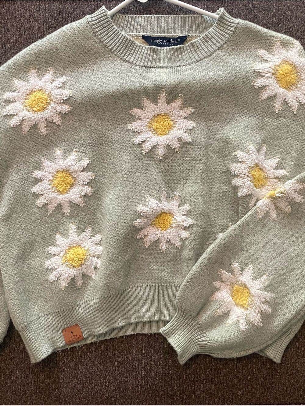 Simply Southern Sage Crewneck Sweater with White & Yellow Daisy Embroidery